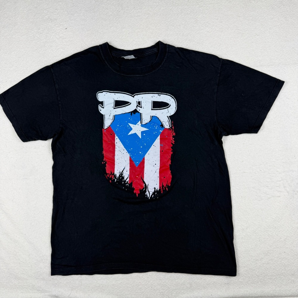 Caribbean Tropic Puerto Rico Flag Graphic T-Shirt Mens Medium Black PR Tee